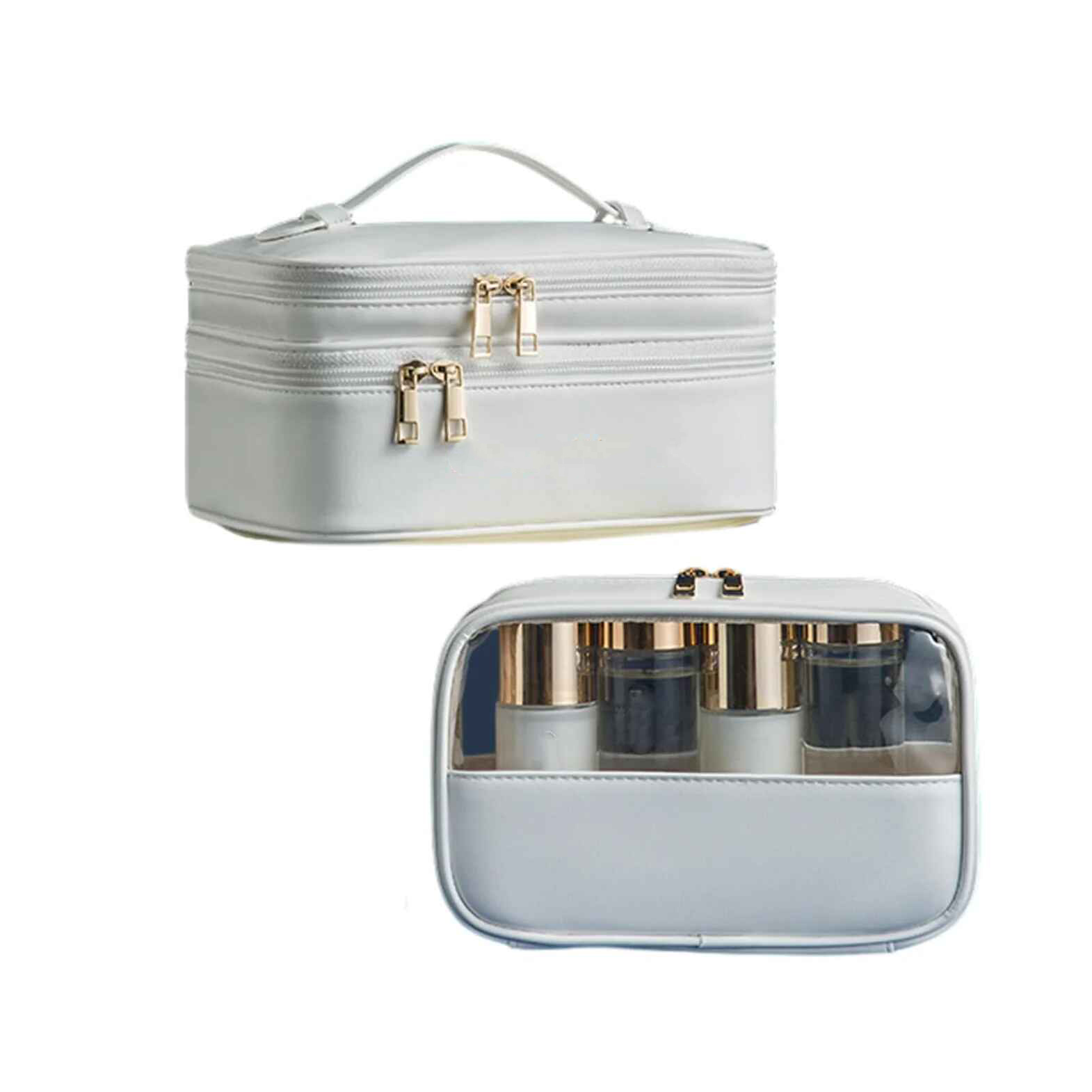 Silver Double-Layer Cosmetic Train Case with Clear Compartment